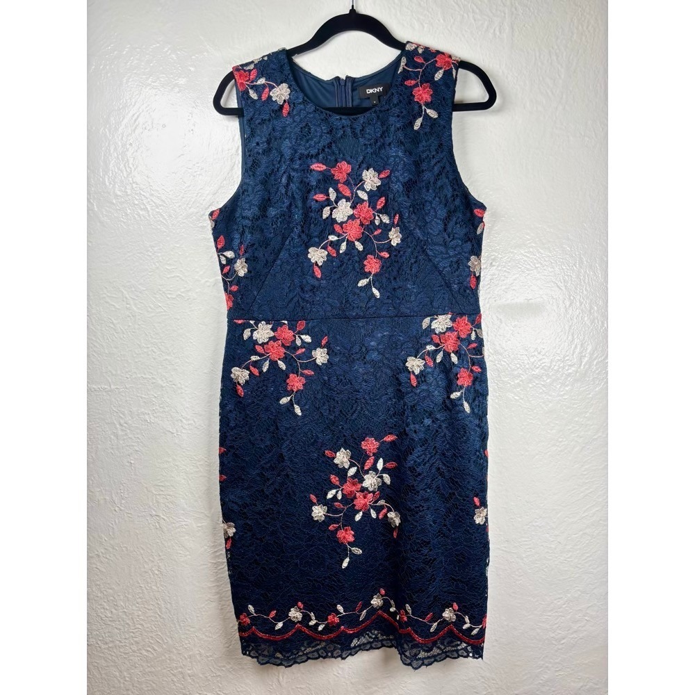 Blue Floral Lace Embroidered‎ Sheath Dress Sleeveless Sz 12 Wedding Guest Garden